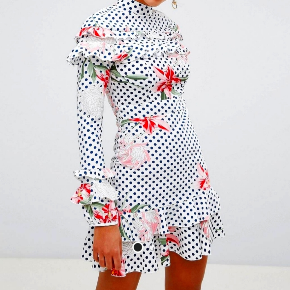 Boohoo Floral and Polka Dot High Neck Dress